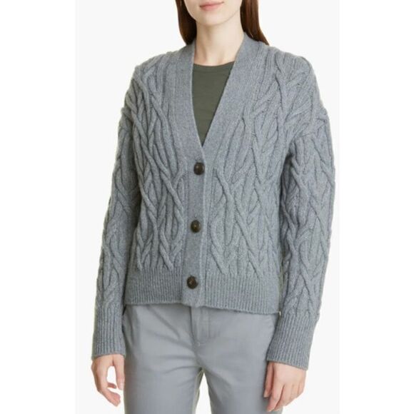 Vince Interlocking Cable Wool-Cashmere-Blend Cardigan in Grey NWT Size XL - Picture 1 of 6